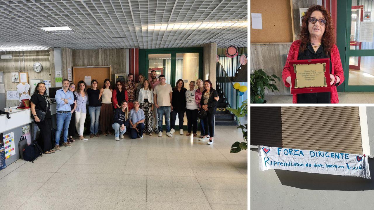 
	Pignolo con alcuni genitori, docenti e Ata. A dx&nbsp;con la targa e sotto uno striscione appeso

