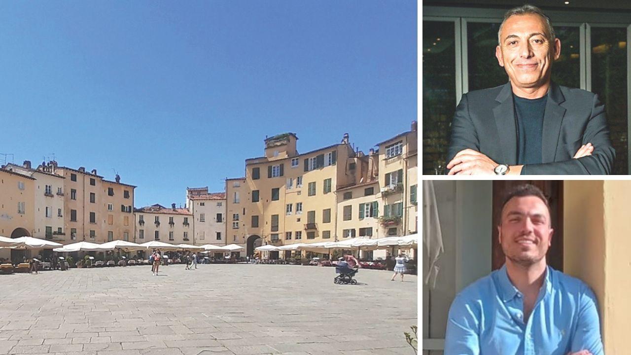 
	Piazza Anfiteatro a Lucca, a dx dall'alto Massimo Minutelli e Andrea Copped&egrave;

