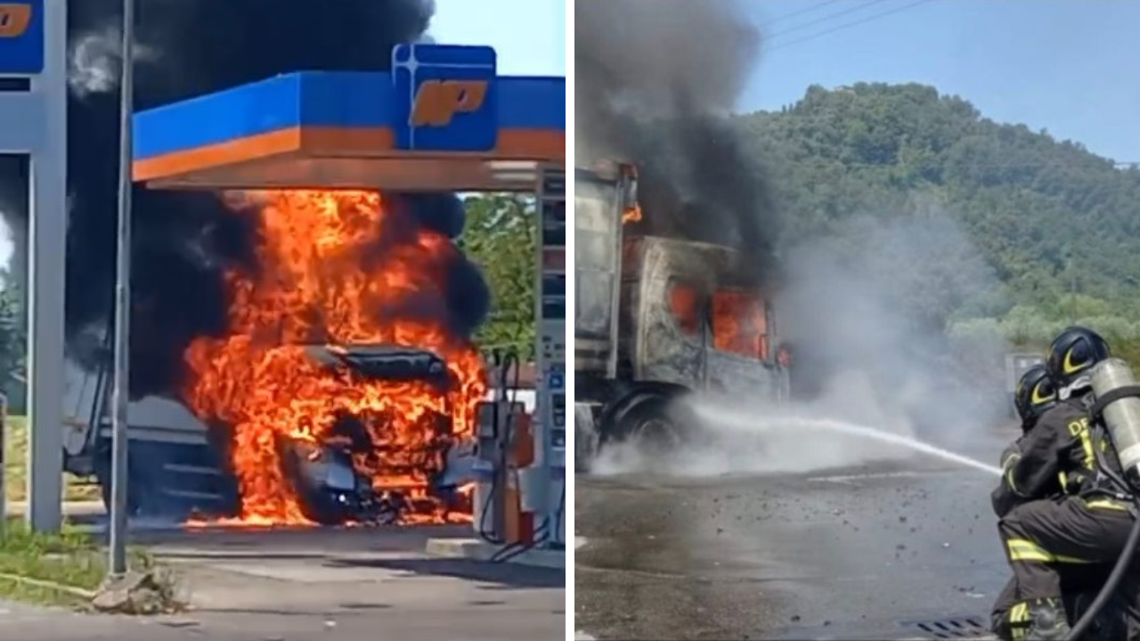 Lucca, fiamme in un distributore di benzina: camion avvolto dal fuoco – Video