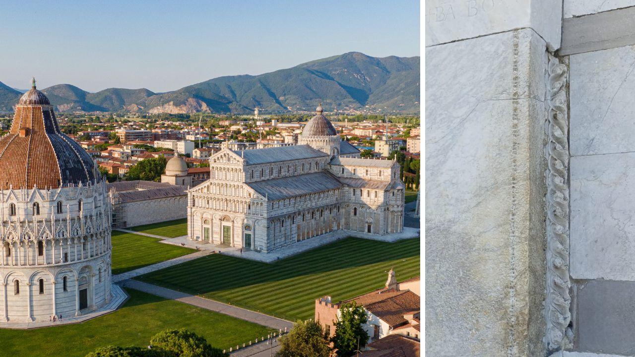 Una veduta di piazza dei Miracoli, a dx il punto dove è stato imbrattato il Duomo di Pisa (scritta già ricoperta)