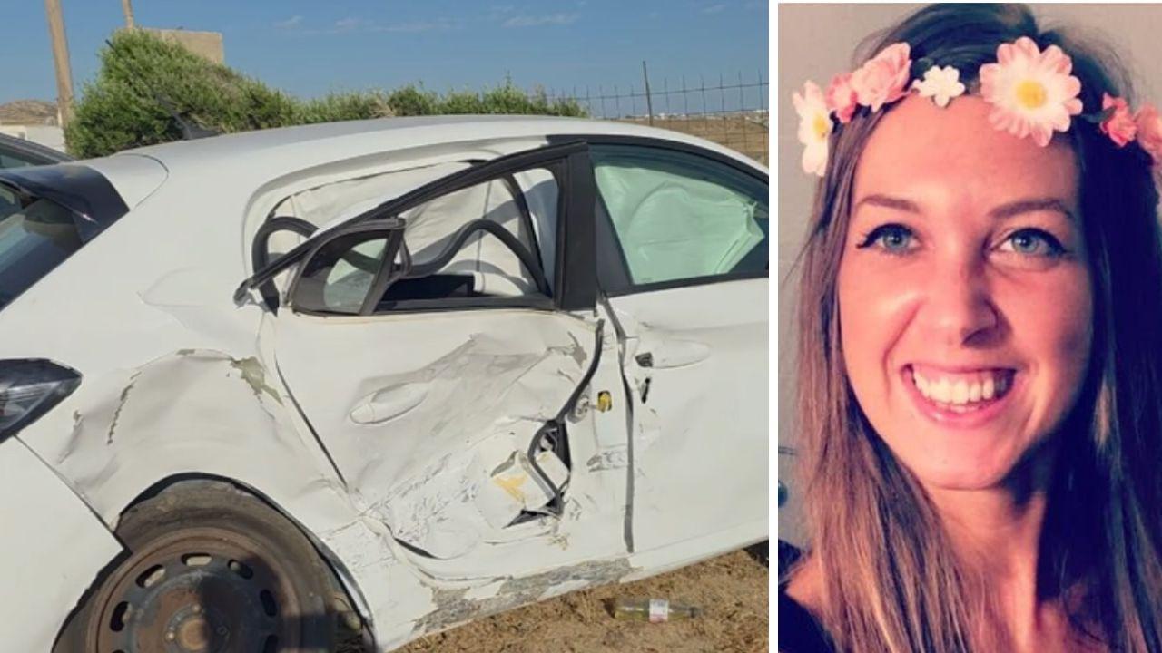 
	L'auto dopo l'incidente e Sara Ceccantini (Foto Mykonoslive.tv)

