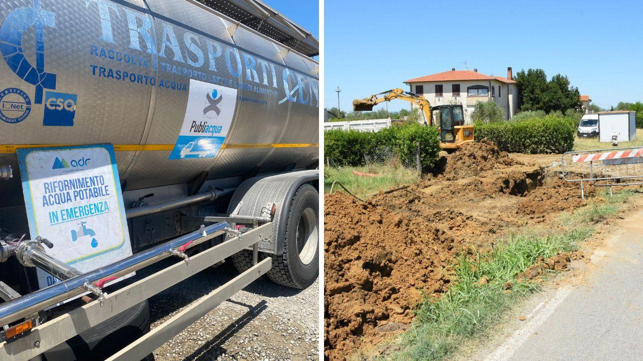 
	L'autobotte e i lavori alla tubatura (Foto Bf)

