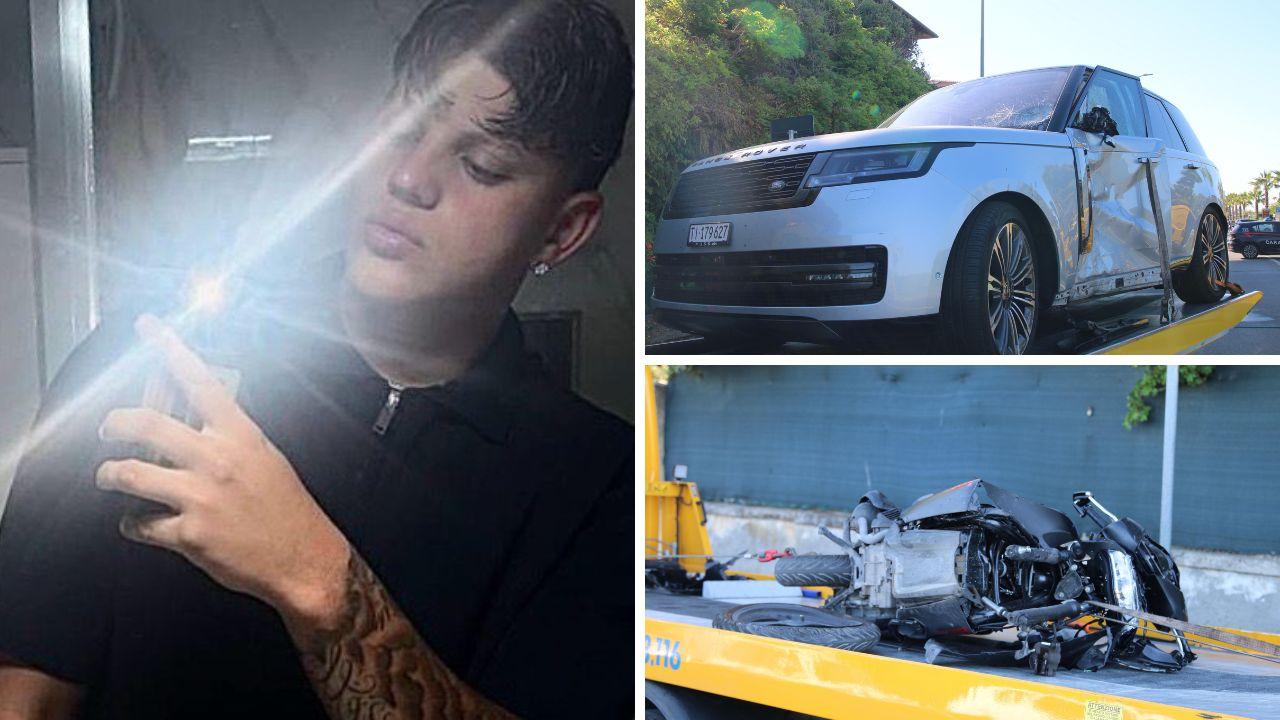 A sx la vittima, Gabriele Martini. A dx i mezzi coinvolti nell'incidente