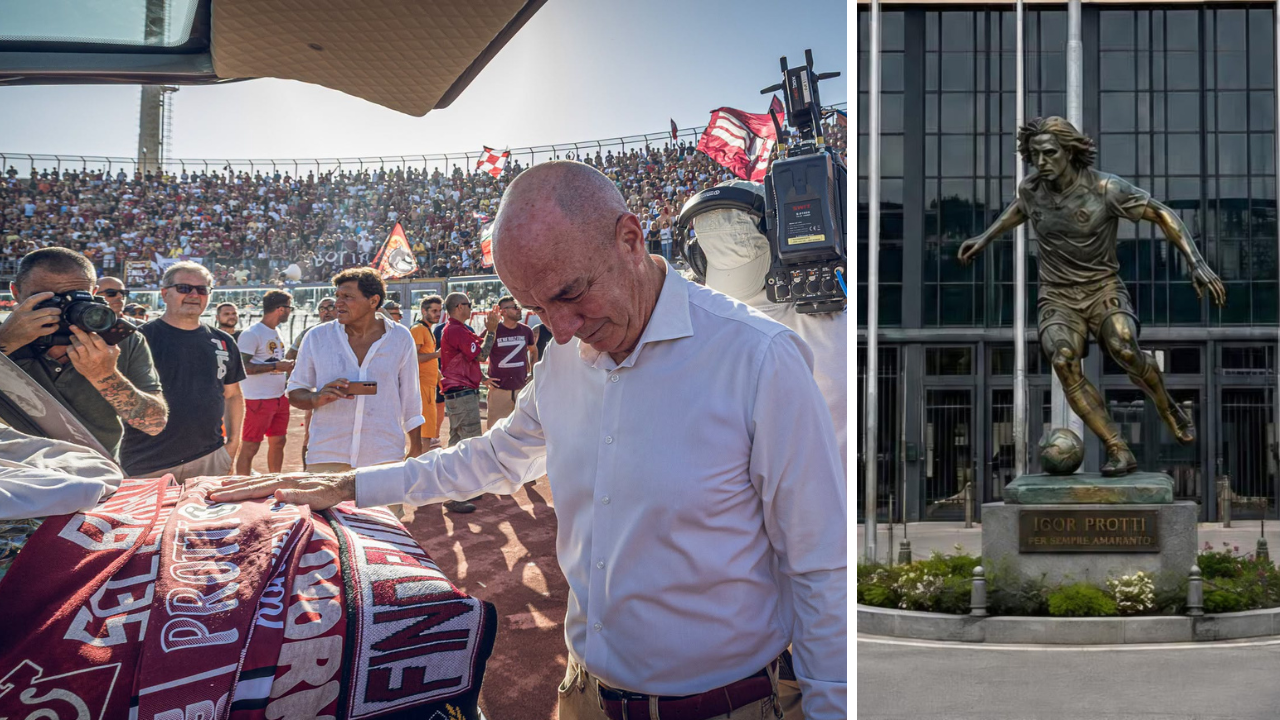 La commozione del sindaco Salvetti (foto Andrea Dani) e una simulazione della statua per Protti