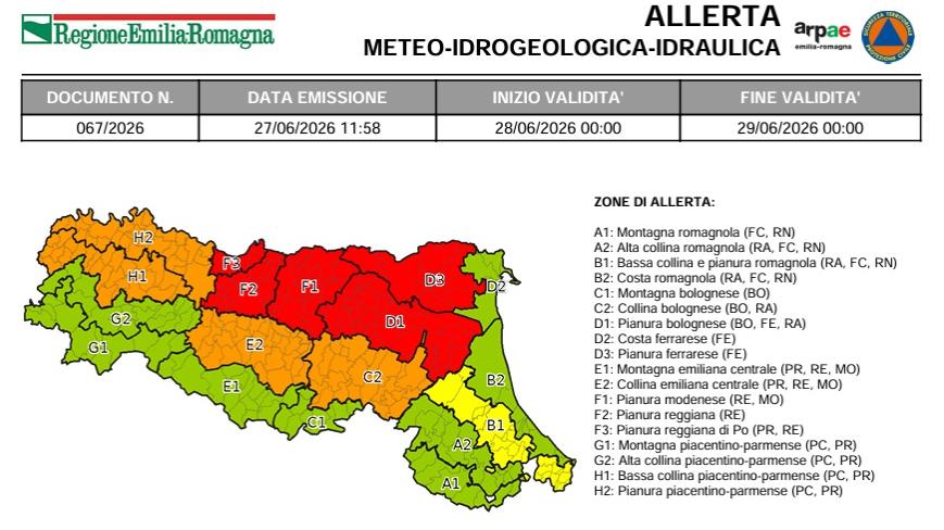 L'allerta meteo Arpae per il 28 giugno