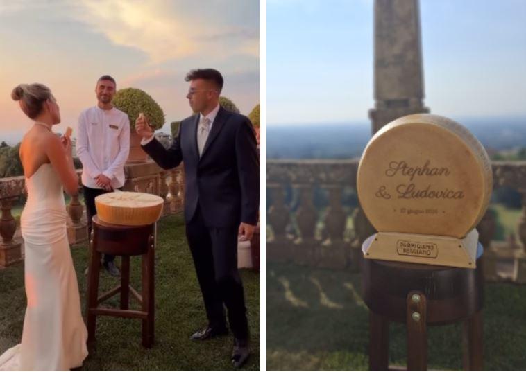 Nozze El Shaarawy-Pagani, show con l’apertura della forma di Parmigiano Reggiano: il momento conquista i social