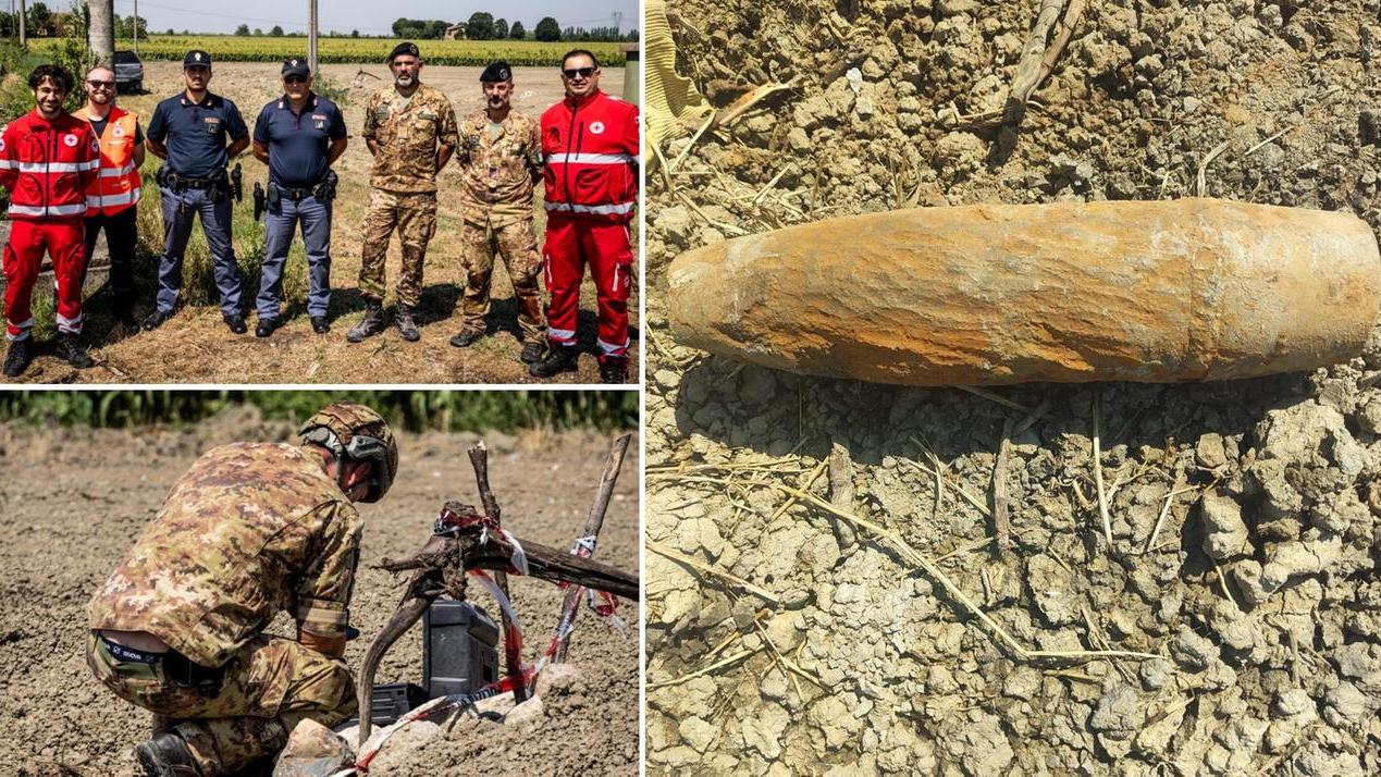 Granata di artiglieria tedesca trovata nei campi di Mirandola e fatta brillare