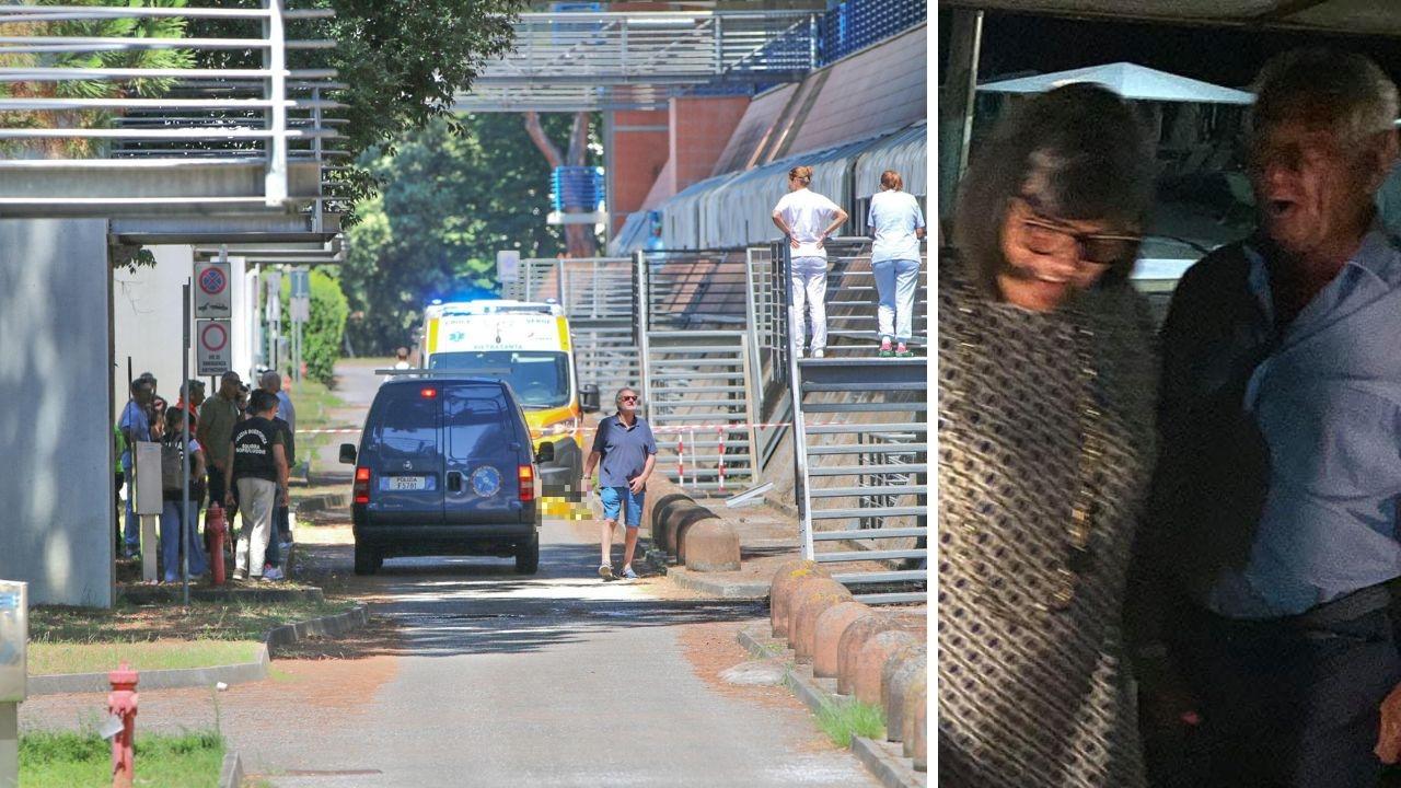 La zona dell'ospedale in cui è avvenuta la tragedia (foto Iacopo Giannini), a dx Myria Dini e l’ex marito Franco Rossi in una foto del 2019