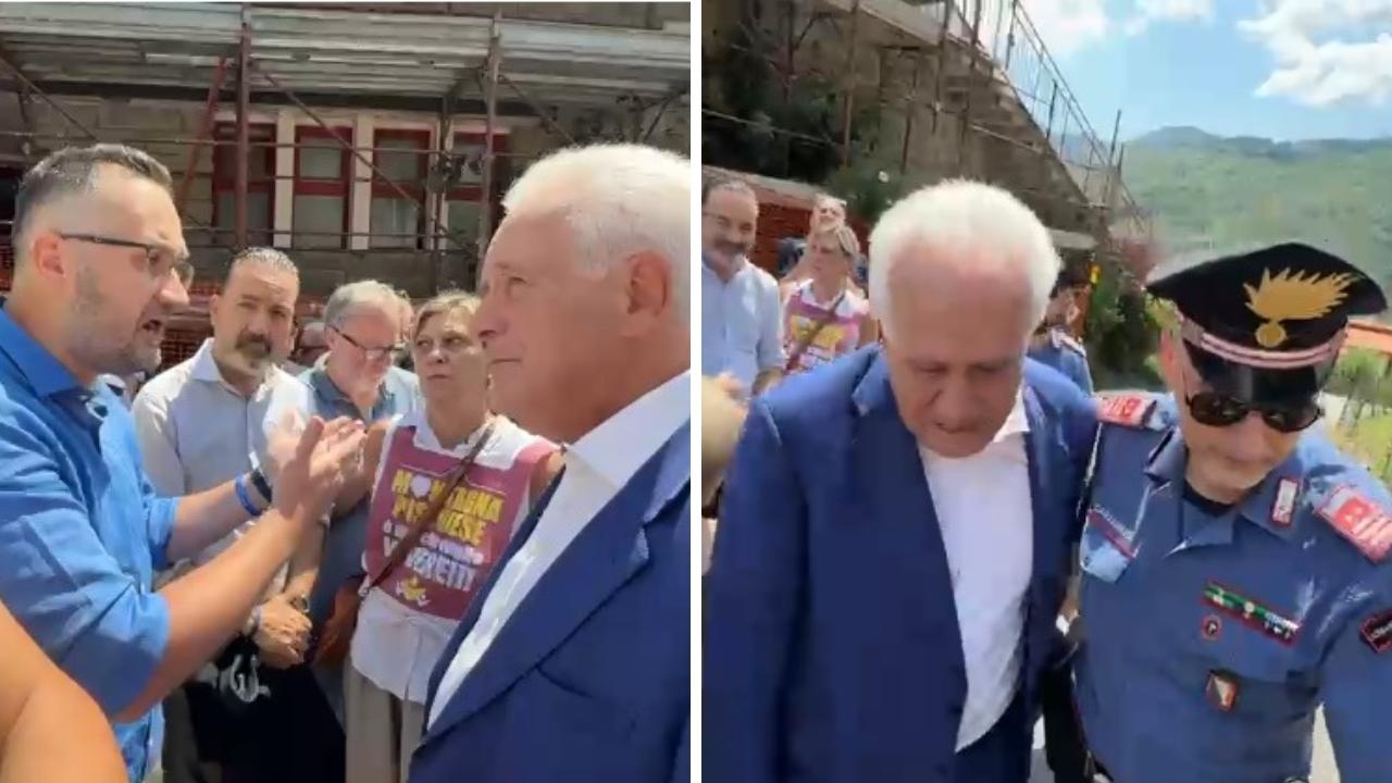 Eugenio Giani contestato in pubblico a San Marcello Pistoiese: fischi, cartelloni poi il faccia a faccia coi manifestanti – Video