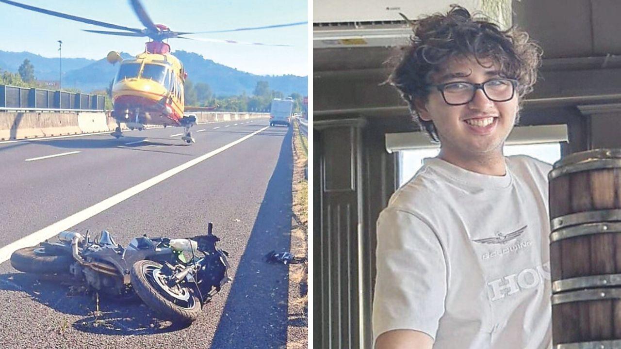 L'atterraggio di Pegaso sull’A11 e a terra la moto guidata dal 21enne (foto Nucci), a dx la vittima Giulio Rafanelli