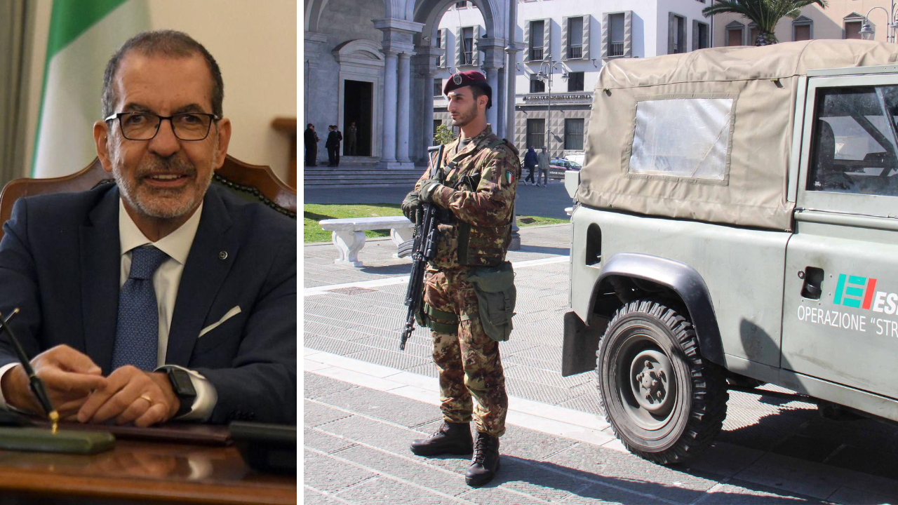 
	Il prefetto di Livorno, Giancarlo Dionisi e un militare dell&rsquo;operazione &ldquo;Strade sicure&rdquo; in piazza Grande (foto d&rsquo;archivio)

