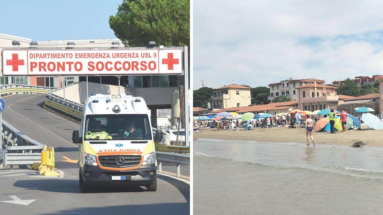 La spiaggia di Follonica dove il 6 luglio un uomo ha perso la vita, a dx il pronto soccorso