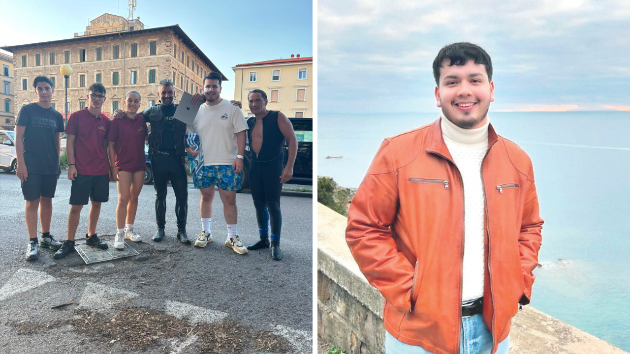 A sinistra Jose Ruben Gutierrez insieme ai sommozzatori che hanno recuperato il pc
