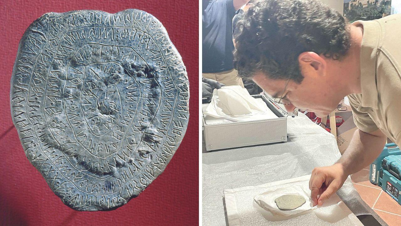 A sx il Piombo di Magliano, a dx il direttore Daniele Federico Maras “scarta” il reperto appena arrivato a Magliano