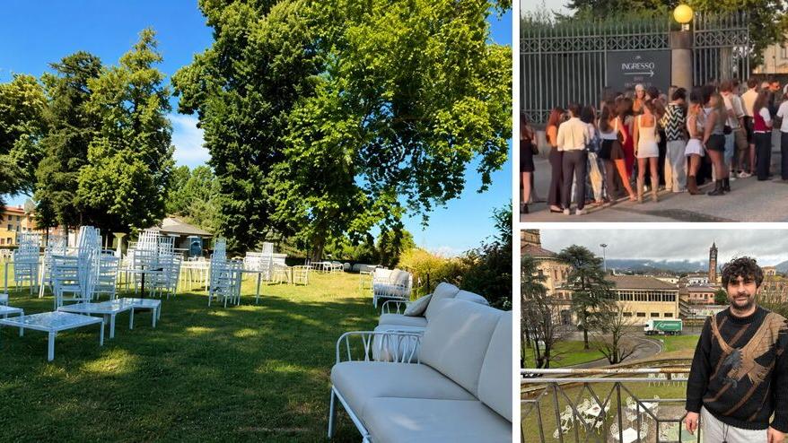 Il giardino del Caffè delle Mura con giovani in coda all’ingresso, in basso a dx il titolare Simone Costa