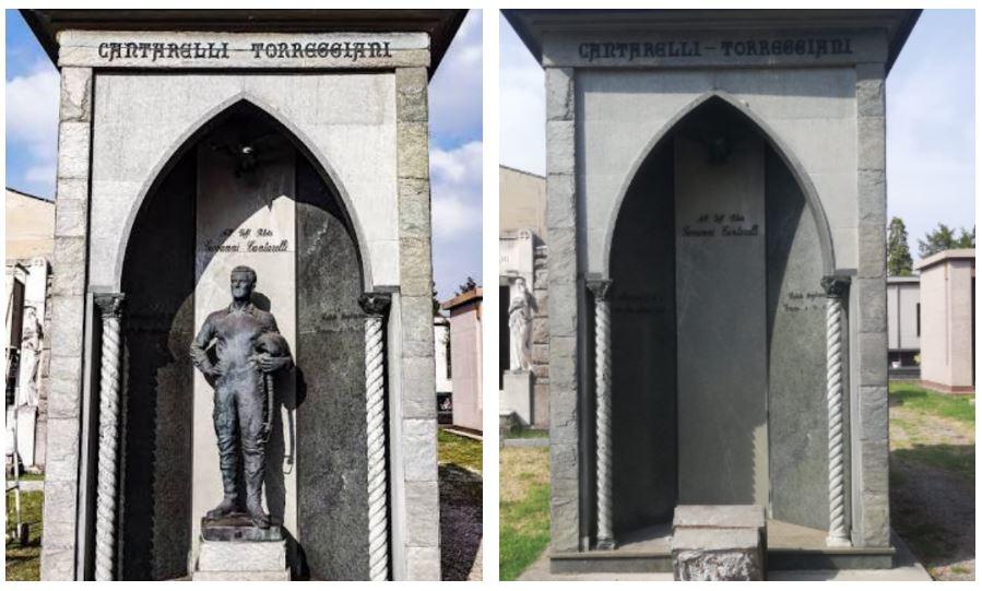 Ladri al cimitero monumentale: rubata la statua dell’aviatore. «Danno al patrimonio della città»