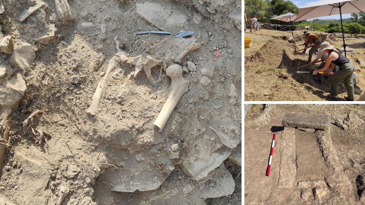 
	Una parte di scheletro trovata in una tomba. A dx il team al lavoro e la zona scavata

