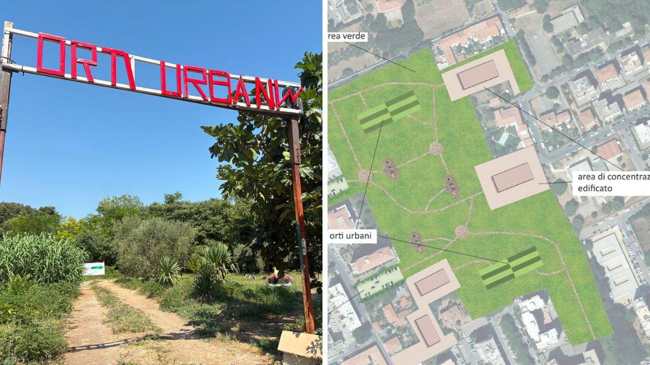
	L'ingresso degli orti urbani (foto Stick), a dx la scheda urbanistica che mostra dove &egrave; possibile costruire


