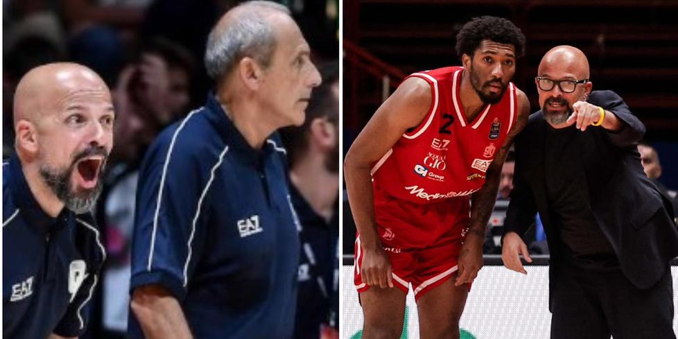 
	Mangone con Messina; a destra l&rsquo;allenatore modenese durante una partita con l&rsquo;Olimpia

