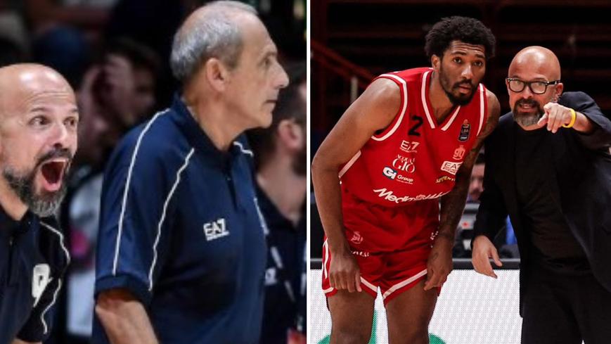 Mangone con Messina; a destra l’allenatore modenese durante una partita con l’Olimpia