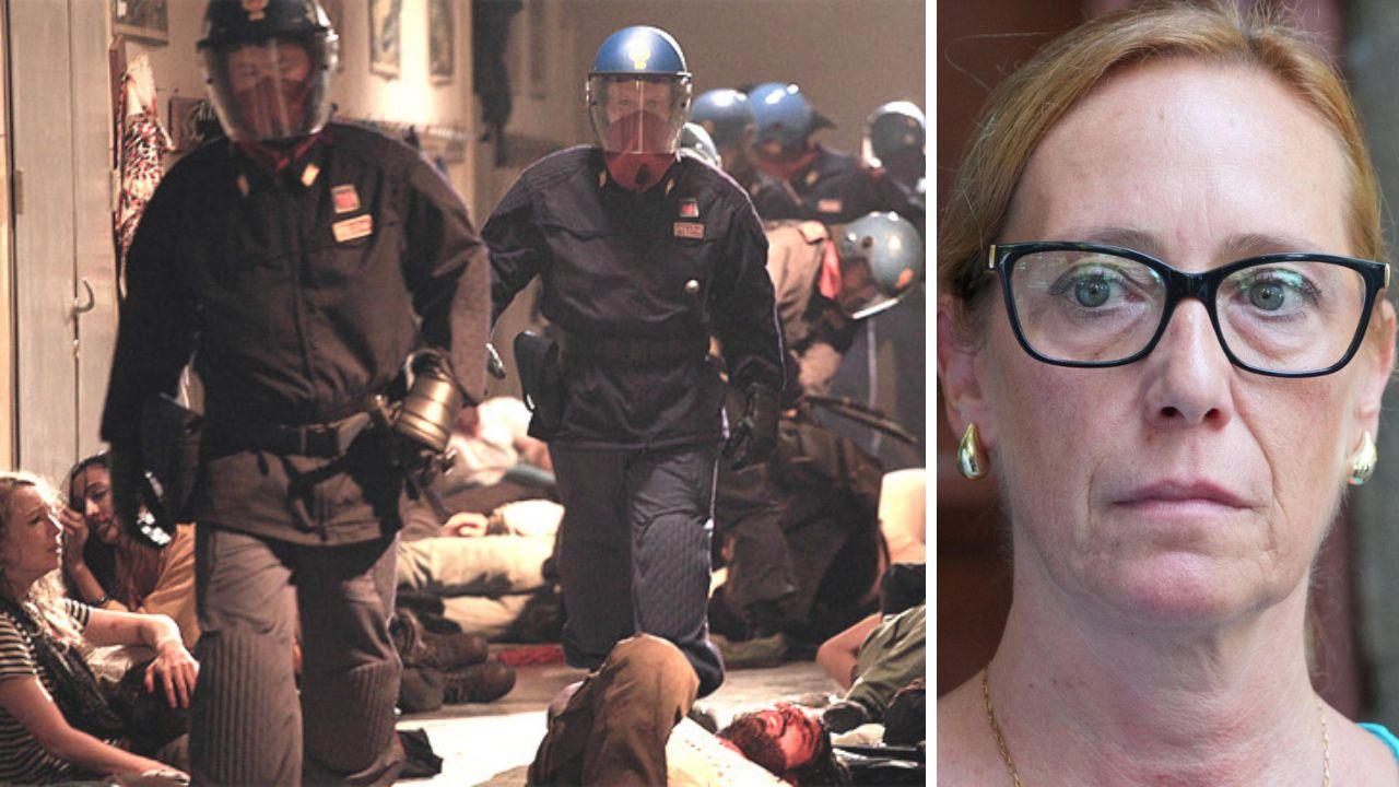 Ilaria Cucchi e un’immagine del blitz delle forze di polizia nella scuola Diaz di Genova nel luglio del 2001