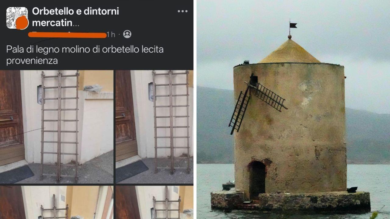 L'annuncio e il molino “mutilato” dalla tempesta (foto Russo d’archivio)