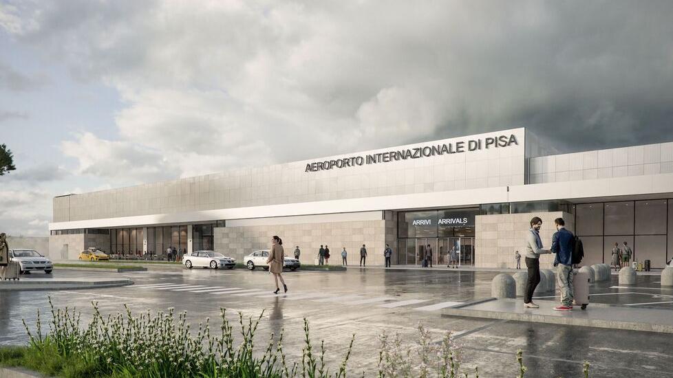 Un rendering del futuro terminal dell’aeroporto Galilei di Pisa