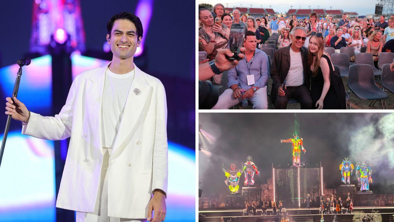 
	Da sx Matteo Bocelli, il padre Andrea e i robot sul palco del Teatro del Silenzio (foto Stick)

