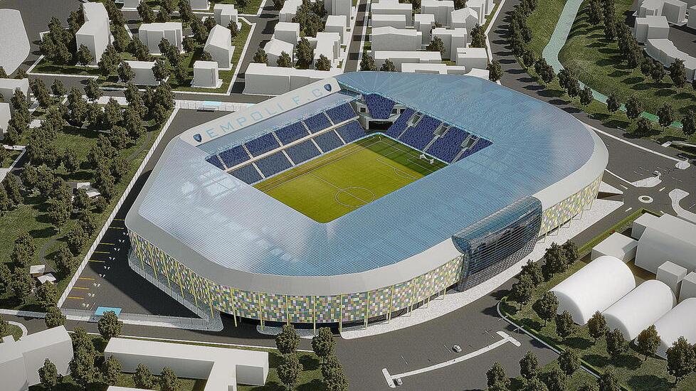 Il rendering del nuovo stadio Castellani Computer Gross Arena nei piani dell’Empoli Fc