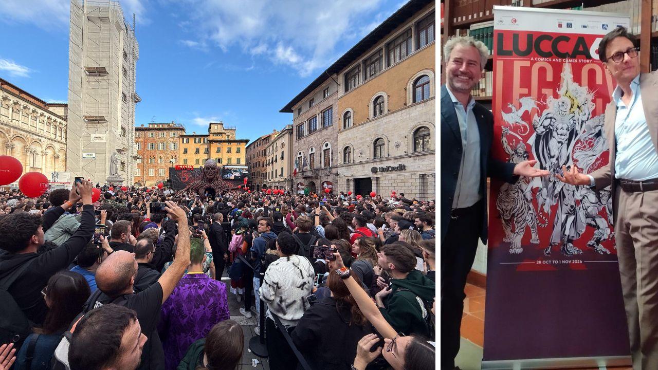 Il pubblico in piazza San Michele durante la scorsa edizione dei Comics. A dx il sindaco Mario Pardini e il direttore Emanuele Vietina 