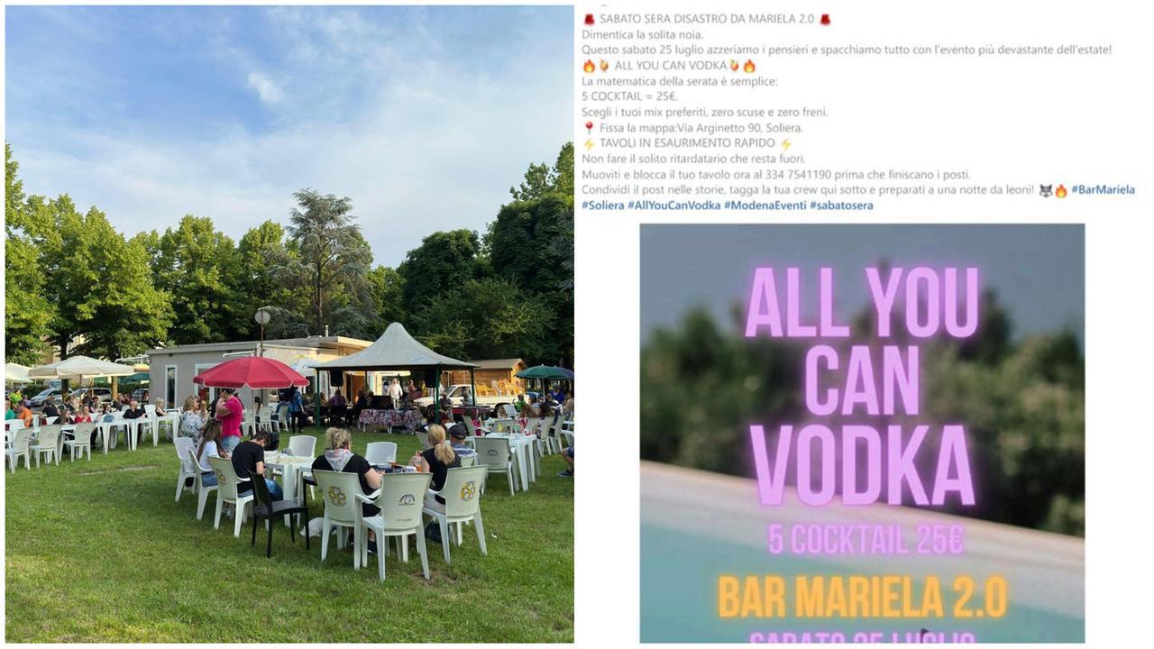 Il bar Mariela 2.0 e il volantino della serata "All you can vodka" poi annullata