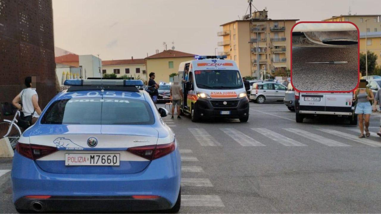 Il coltello e 118 e polizia sul posto (foto Lorenzo Manzini)