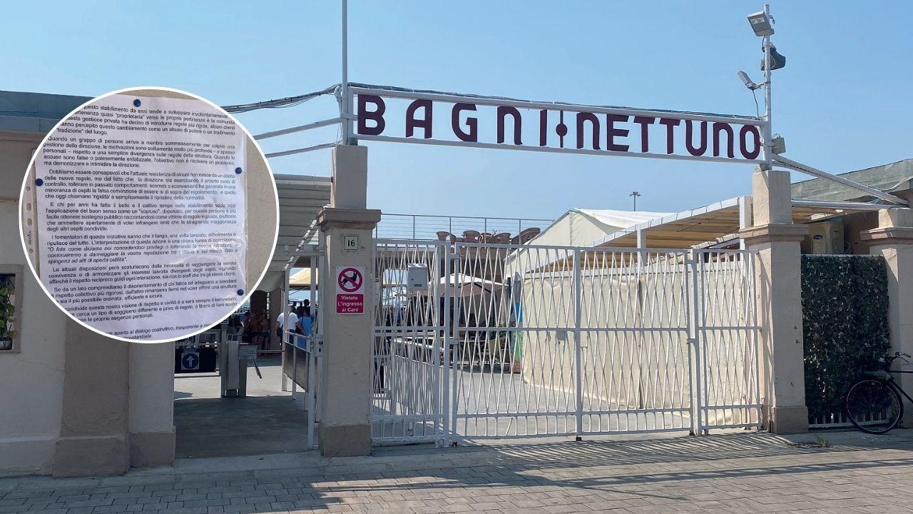 L'ingresso dei bagni Nettuno e il cartello affisso dai gestori per rispondere alla protesta