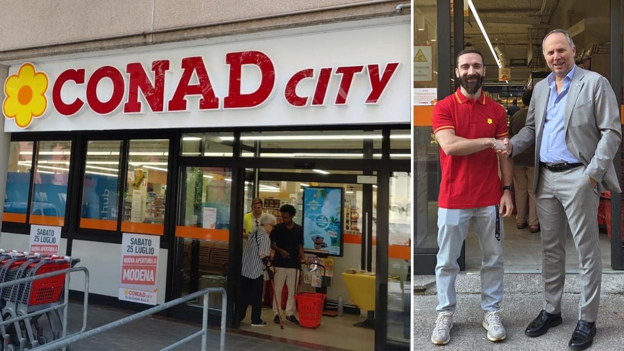 Il Conad di via San Giovanni Bosco e accanto Francesco Gavioli davanti a quello di via Cavour