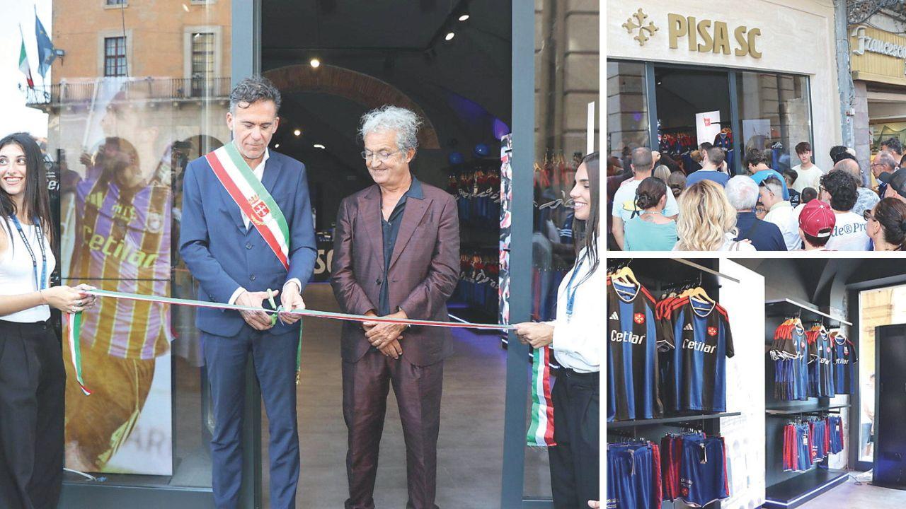 
	Il&nbsp;taglio del nastro con Conti e Corrado, un dettaglio dell&rsquo;interno e l&rsquo;insegna sopra l&rsquo;ingresso&nbsp;(foto da pisasportingclub.com)

