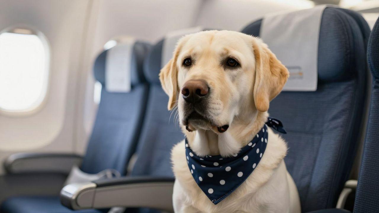 Un cane di grossa taglia a bordo di un aereo (foto creata con IA)
