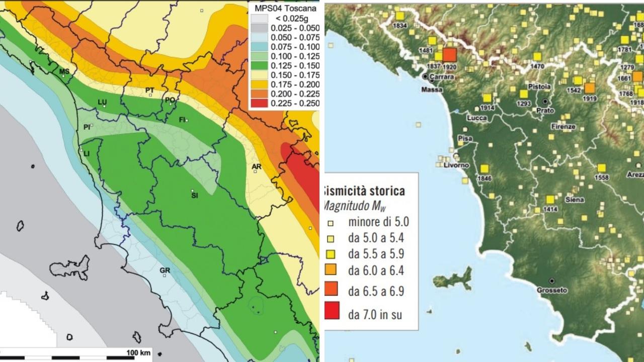 A sinistra le fasce di rischio sismico in Toscana; a destra i terremoti più forti in regione 
