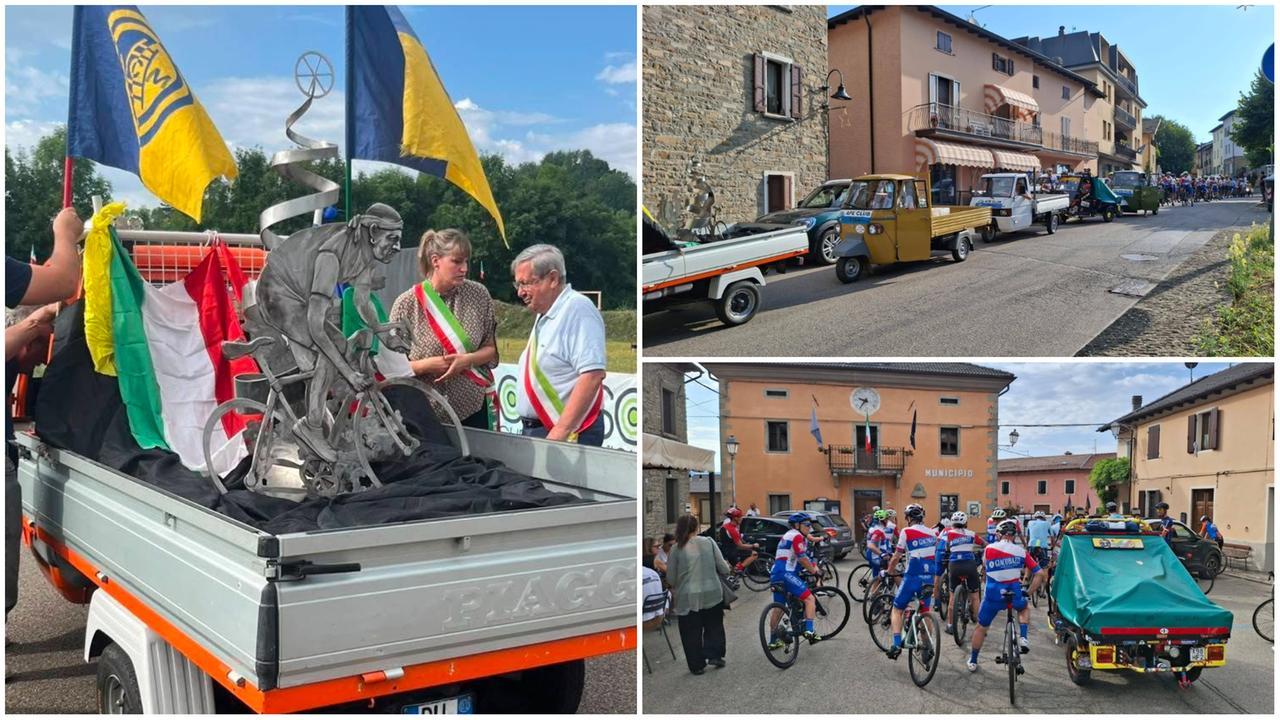 La statua di Pantani portata in Ape da Montefiorino a Frassinoro