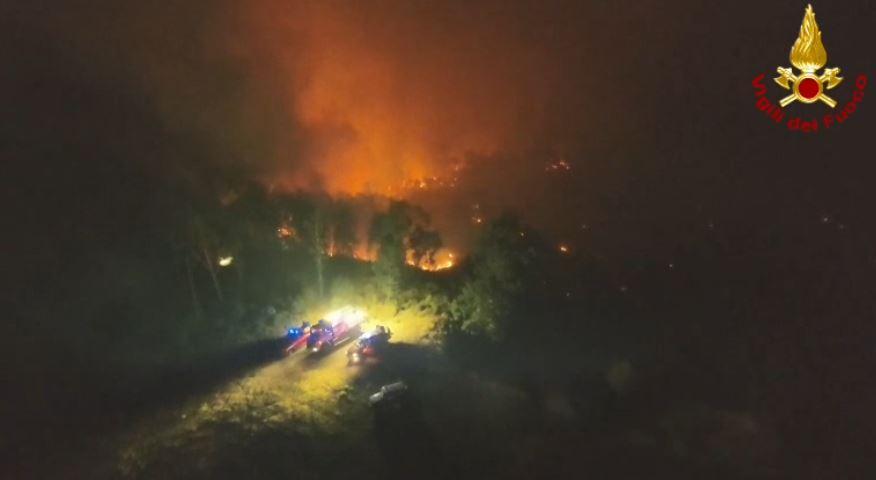 Fulmine scatena un incendio nei boschi di Vedriano: bruciati 5 ettari, fronte di fuoco di 800 metri, vigili del fuoco ancora al lavoro