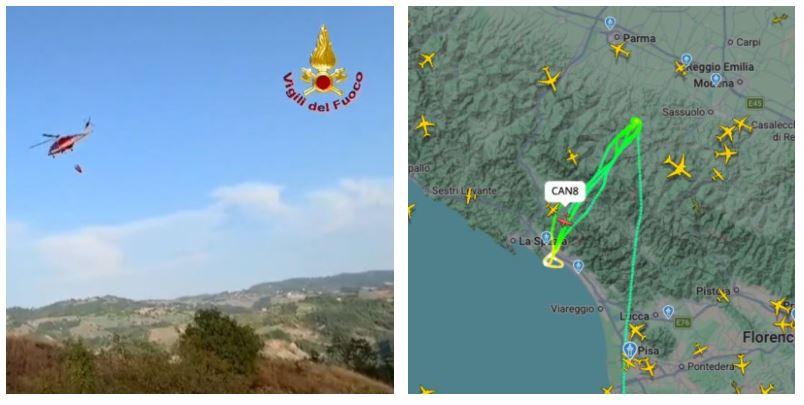 Fulmine scatena un incendio nei boschi di Vedriano: già bruciati 5 ettari, in azione anche un canadair che prende acqua dal mare