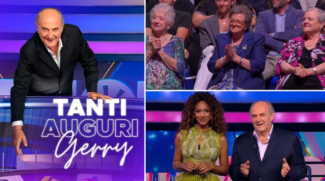 
	Gerry Scotti festeggia i 70 anni a La Ruota della Fortuna. In alto a destra, le tre spettatrici di Mirandola

