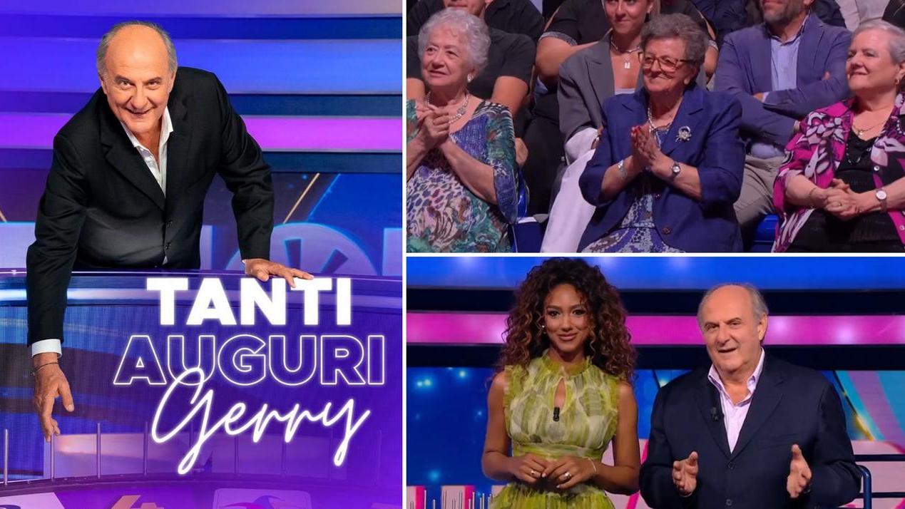 Gerry Scotti festeggia i 70 anni a La Ruota della Fortuna. In alto a destra, le tre spettatrici di Mirandola