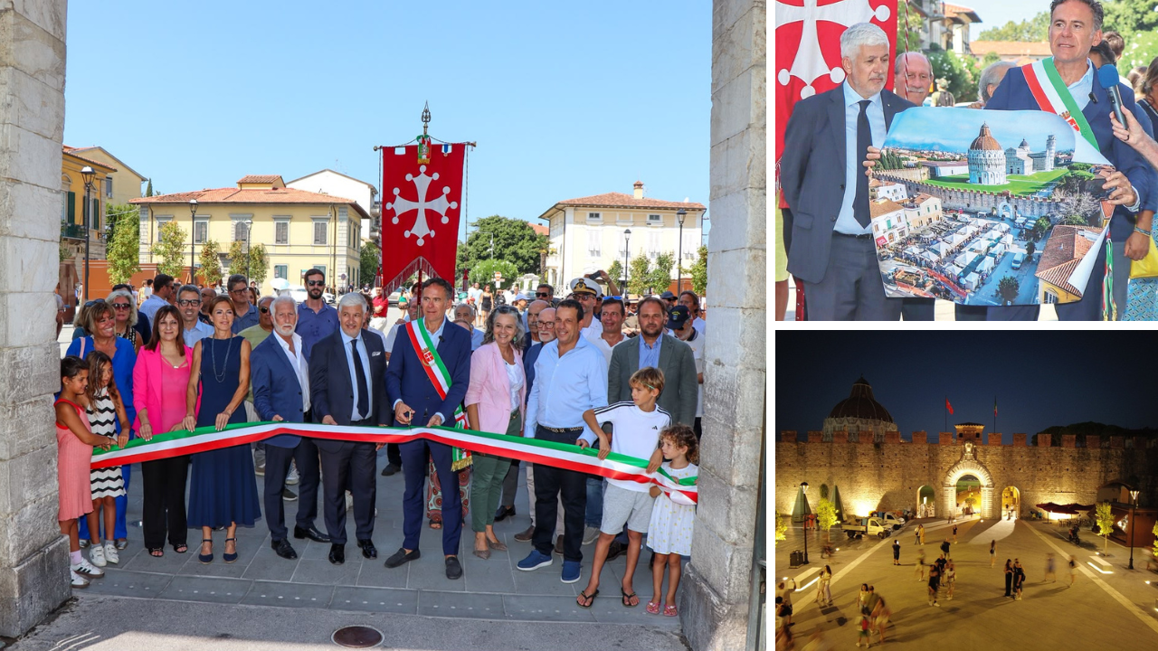 
	Il sindaco Conti taglia il nastro della nuova Piazza Manin con a fianco il presidente dell&rsquo;Opera Primaziale Andrea Maestrelli, a dx in alto la vecchia piazza Manin e sotto la nuova

