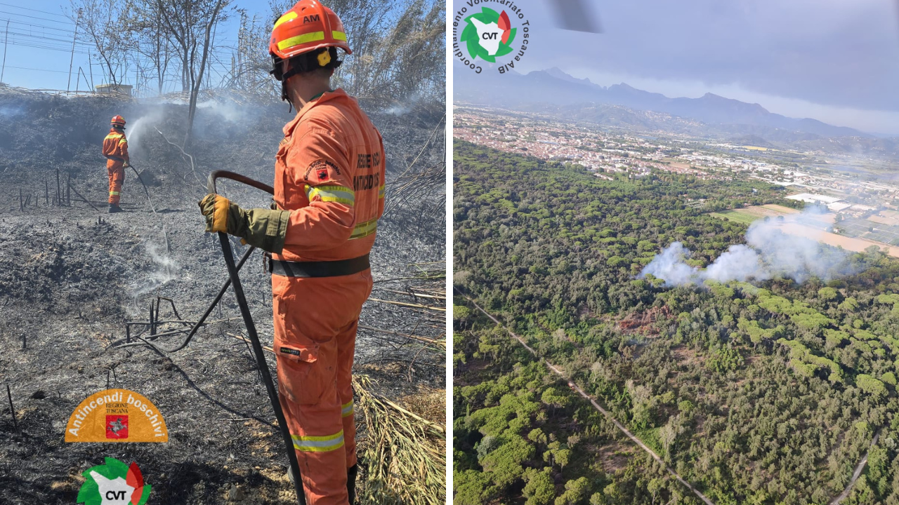 Le operazioni di spegnimento e l'incendio visto dall'alto