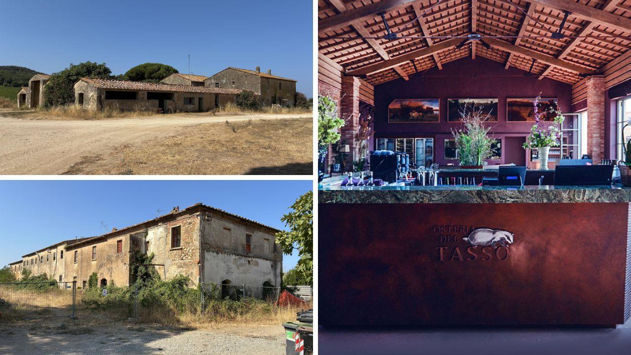 
	Dall'alto il vecchio podere&nbsp;sulla Bolgherese e il&nbsp;podere sull&rsquo;Accattapane. A dx&nbsp;l&rsquo;Osteria del Tasso il cui stile sar&agrave; replicato per i due alberghi


