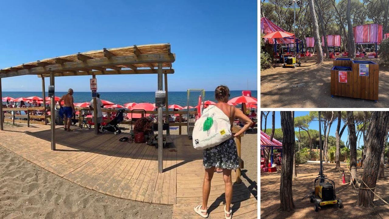 
	A sx&nbsp;la spiaggia attrezzata. A dx&nbsp;le strutture del CircaCirco con le torri-faro alimentate da generatori a benzina

