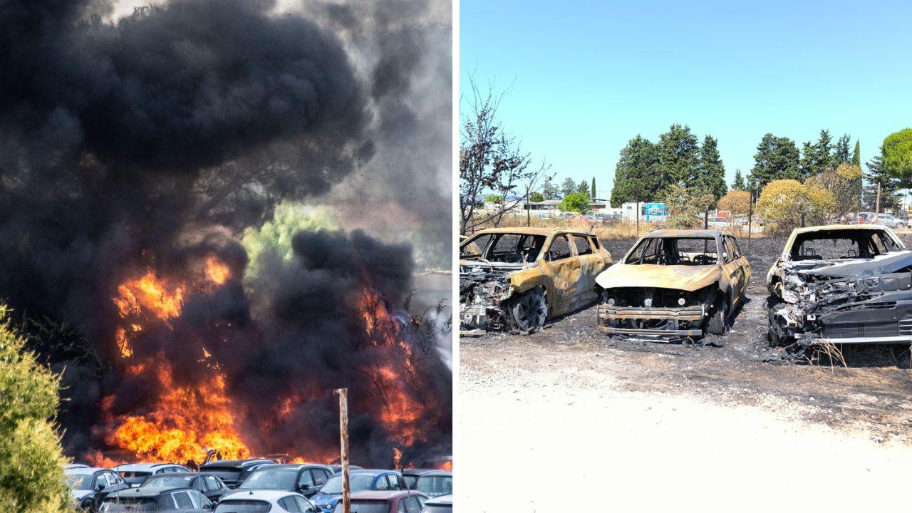 Le fiamme e le auto danneggiate