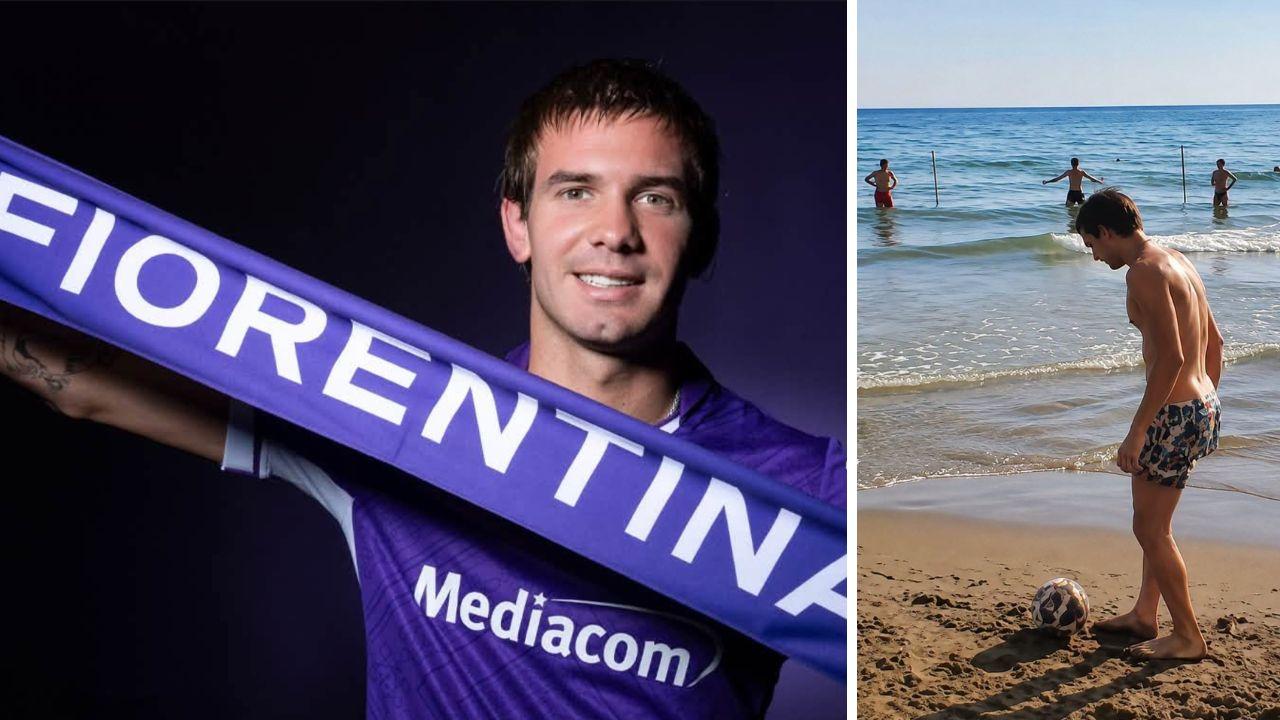 Mastantuono con la sciarpa viola e in spiaggia al Forte