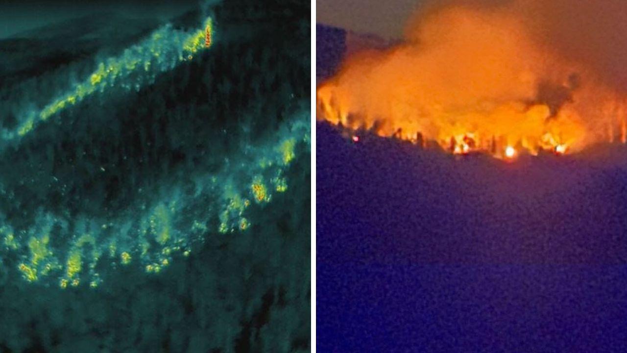 L'incendio e l'immagine col drone a sensori termici (foto Aib Toscana)