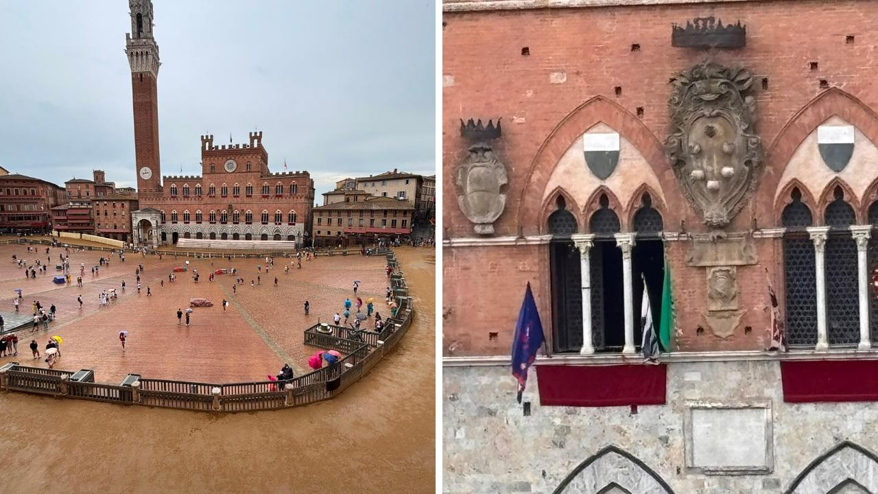 Piazza del Campo dopo la pioggia e la bandiera verde esposta a Palazzo Comunale